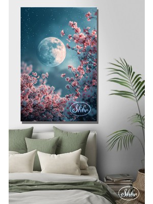 Şehber Tekli, Dikey, Kanvas, Dekoratif, Duvar, Tablosu , Dolunay, Gece, Pembe Çiçekli Ağaç,