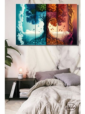 Şehber Tekli, Yatay, Kanvas, Dekoratif, Duvar, Tablosu , 4 Mevsim, Yaşam Ağacı, Illüstrasyon,