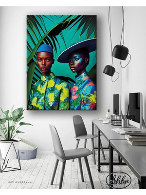 Şehber Tekli Dikey Kanvas Tablo Mavi Şapkalı Afrikalı Iki Kadın Kanvas Duvar Tablosu
