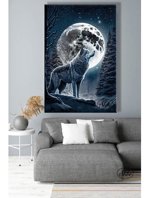 Şehber Tekli Dikey Kanvas Tablo Dolunay ve Kurt Hayvan Tasarım Kanvas Duvar Tablosu