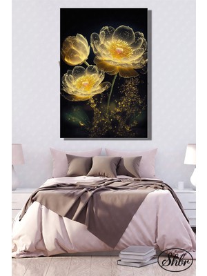 Şehber Tekli Dikey Kanvas Dekoratif Salon Yatak Odası Mutfak Ofis Duvar Tablosu Pırıltılı Sarı Çiçekler