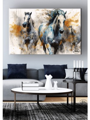 Şehber Tekli Yatay Kanvas Tablo Koşan Vahşi Atlar Dekoratif Kanvas Duvar Tablosu