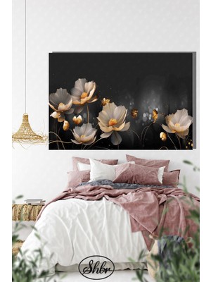 Şehber Tekli Yatay Kanvas Dekoratif Salon Yatak Odası Mutfak Duvar Tablosu Siyah Fonda Kır Çiçekleri