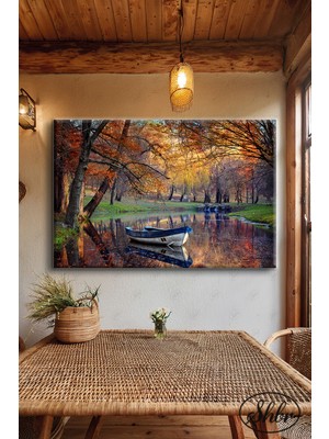 Şehber Tekli Yatay Dekoratif Kanvas Tablo Salon Yatak Odası Kafe Ofis Sonbahar Nehir Kayık