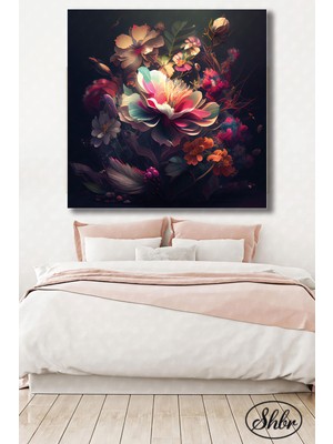 Şehber Tekli Kare Kanvas Duvar Tablosu Salon Yatak Odası Kafe Mutfak Ofis Renkli Çiçek Illüstrasyon