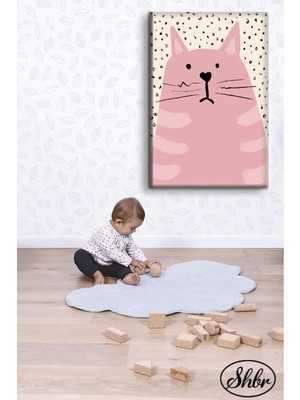 Şehber Tekli Dikey Kanvas Dekoratif Duvar Tablosu Bebek Odası Çocuk Oyun Odası Pembe Kedi
