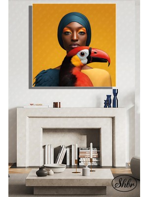 Şehber Tekli Kare Kanvas Dekoratif Salon Yatak Odası Mutfak Ofis Duvar Tablosu Kadın ve Renkli Kuş