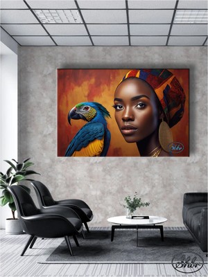 Şehber Tekli Yatay Kanvas Tablo Papağan Ile Genç Afro Amerikalı Kadın Dekoratif Kanvas Duvar Tablosu