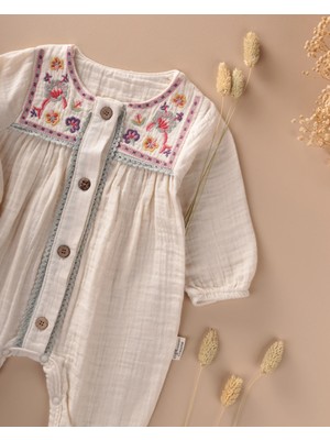 Cigit Müslin Nakışlı Tulum 0-3 Yaş Naturel