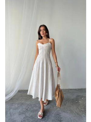 Munn Collection Simli Çizgili Askılı Elbise Midi Boy - Kahverengi