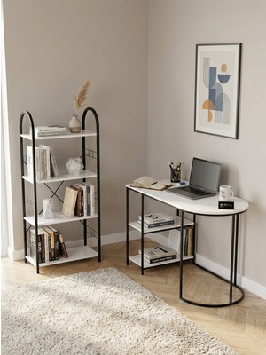 Gold Falez Çalışma Masası ve Kitaplık Seti Metal Ayaklı,Minimalist Tasarım,Geniş Masa Alanı,Çok Raflı Depolama,Modern 125 Beyaz