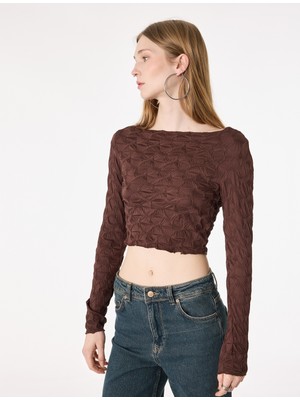 Koton Bürümcük Kayık Yaka Omzu Açık Uzun Kollu Tişört