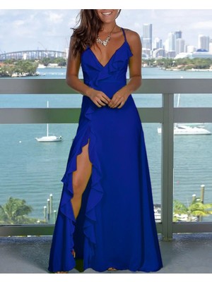 Bizcomoda Kadın Sıfır Kol Ip Askılı Dekolteli Yırtmaç Detay Krep Elbise