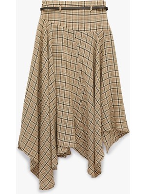 Koton Asimetrik Yüksek Bel Ekoseli Kloş Midi Etek