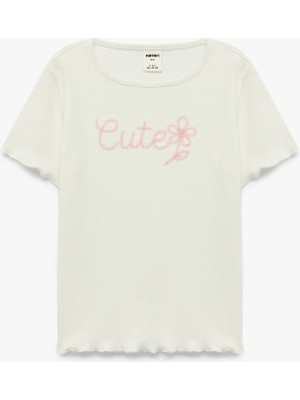 Koton Kısa Kollu Bisiklet Yaka Nakış Detaylı Pamuklu Tişört