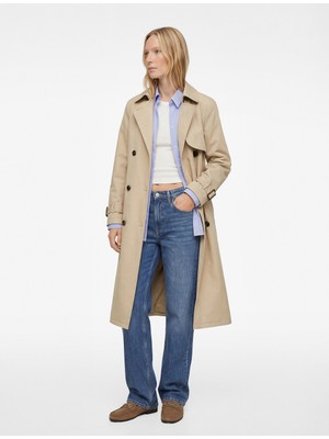 Koton Uzun Kollu Kemer Detaylı Düğmeli Kruvaze Yaka Trençkot