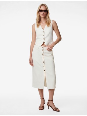 Koton Düğmeli Viskon Karışımlı Yırtmaç Detaylı Midi Etek