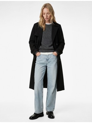 Koton Uzun Kollu Düğmeli Cepli Kemerli Kruvaze Gabardin Trençkot