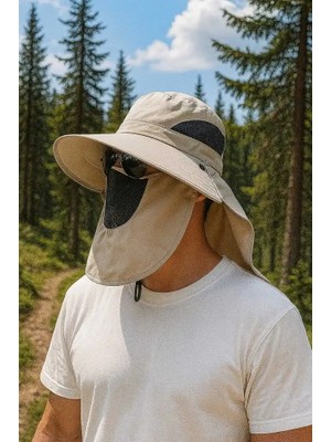 Mustran Güneş Koruyuculu Nefes Alabilen Maskeli Ve Boyun Kapaklı Geniş Kenarlı Balıkçı Şapkası Gri