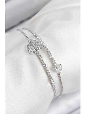 Mustran Pirinç Zirkon Taşlı Kalp Model Gümüş Renk Kadın Bileklik