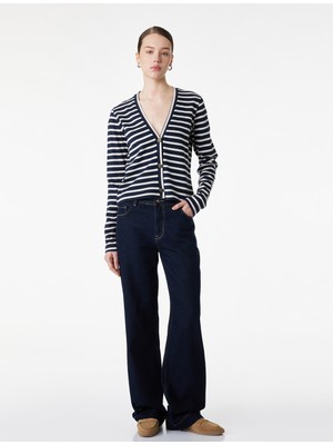 Koton Pamuklu Uzun Kollu Düğmeli V Yaka Çizgili Hırka