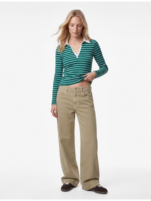 Koton Pamuklu Slim Fit Uzun Kollu Polo Yaka Çizgili Tişört