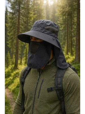 Mustran Güneş Koruyuculu Nefes Alabilen Maskeli ve Boyun Kapaklı Geniş Kenarlı Balıkçı Şapkası Gri