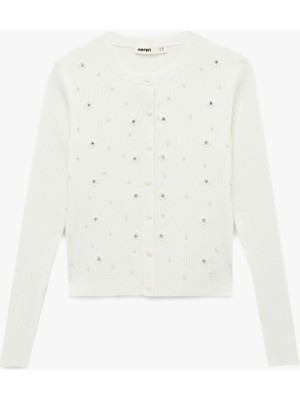 Koton Uzun Kollu Bisiklet Yaka Çiçekli Inci ve Taş Detaylı Triko Hırka