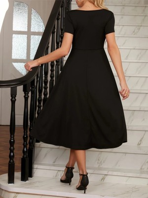 Civetta Kadın Kısa Kollu V Yakalı Önden Pileli Midi Janjan Krep Elbise