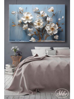 Şehber Tekli Yatay Dekoratif Kanvas Tablo Salon Yatak Odası Kafe Ofis 3D Yağlı Boya Efekt Çiçekler