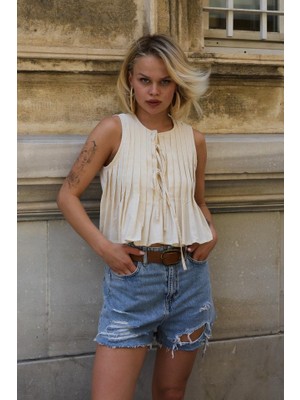 Munn Collection Pileli Bağlamlı Bluz - Natür