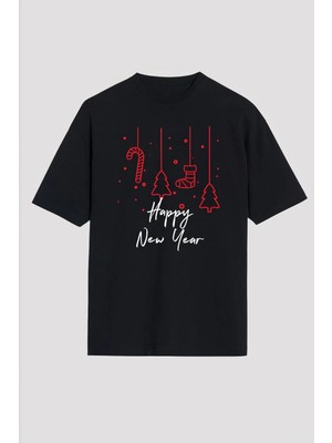 Giyim Center Yılbaşı Tişört Happy New Year Baskılı T-Shirt - Siyah