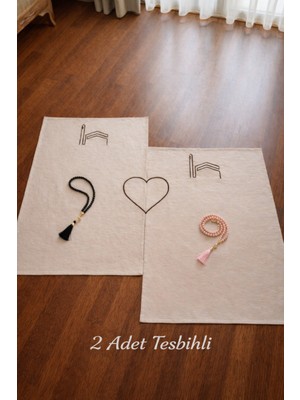 Hig Store Kabe Işlemeli Eşli Çift %100 Doğal Keten Tesbihli Çeyizlik Hediyelik Seccade Seccade Seti Namazlık