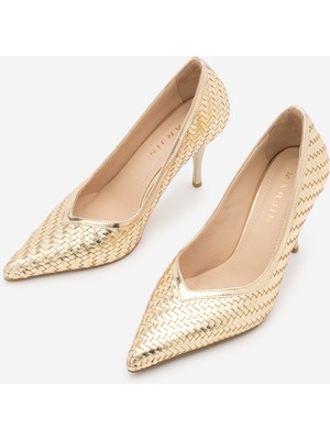 Marjin Kadın Stiletto Sivri Burun V Yaka Örgü Desenli Topuklu Ayakkabı Elnos Altın