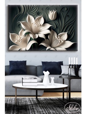 Şehber Tekli Yatay Kanvas Dekoratif Duvar Tablosu Salon Yatak Odası Kafe Ofis 3D Beyaz Çiçekler