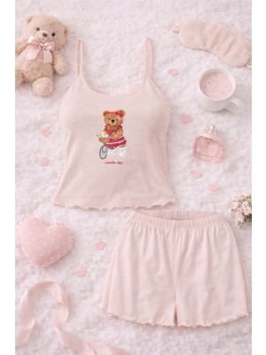Koza İç Giyim Kadın Ince Askılı Desenli Pamuklu Şortlu Pijama Takımı