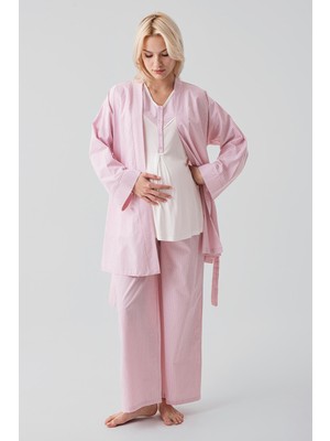 Artış Collection Kısa Kollu Çizgili Düğmeli Dokuma Pamuklu Esnek Viskoz Hamile Sabahlık Pijama Takım 19308