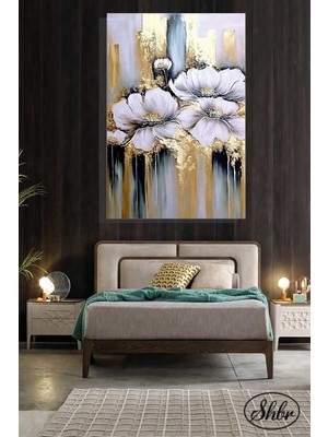 Şehber Tekli Dikey Kanvas Dekoratif Salon Yatak Odası Mutfak Ofis Duvar Tablosu Gold Efekt Beyaz Çiçekler