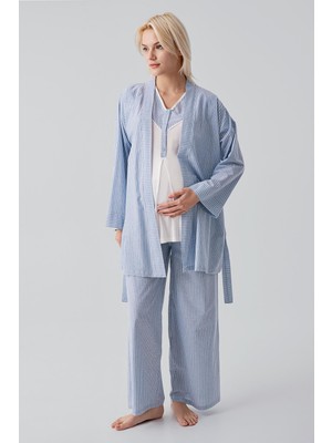Artış Collection Kısa Kollu Çizgili Düğmeli Dokuma Pamuklu Esnek Viskoz Hamile Sabahlık Pijama Takım 19308