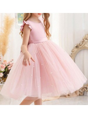 NSM Life Kız Çocuk Incili Fırfır Kol Elbise Mezuniyet Doğum Günü Özel Gün Abiye Elbise