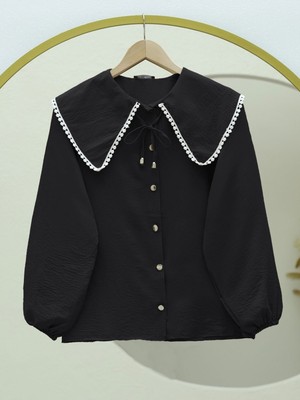 Moda Morfo Bebe Yaka Dantelli Kolu Lastikli Gömlek -Siyah