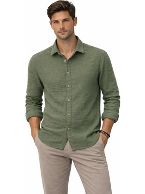 Afri Haki Erkek Yarım Oversize Keten Gömlek – Rahat Kesim, Yazlık Nefes Alan Kumaş