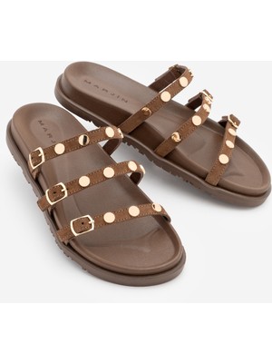 Marjin Kadın Hakiki Deri Üç Bantlı Zımbalı Günlük Terlik Zoven Kahve Süet