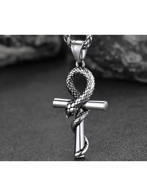Voyage Accessory Paslanmaz Çelik Gotik  Tasarım   Haç + Simya (Yılan) Birleşimi Ankh Kolye