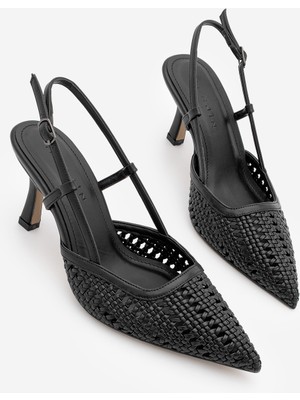 Marjin Kadın Stiletto Sivri Burun Arkası Açık El Örgüsü Topuklu Klasik Ayakkabı Reveno Siyah