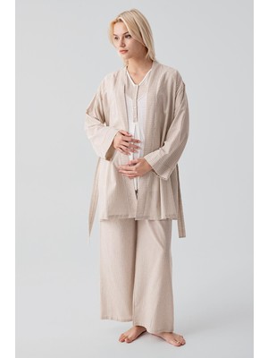 Artış Collection Kısa Kollu Çizgili Düğmeli Dokuma Pamuklu Esnek Viskoz Hamile Sabahlık Pijama Takım 19308