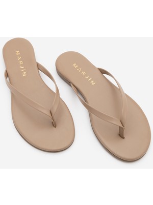 Marjin Kadın Ince Bantlı Parmak Arası Yuvarlak Burun Günlük Terlik Navisa Vizon