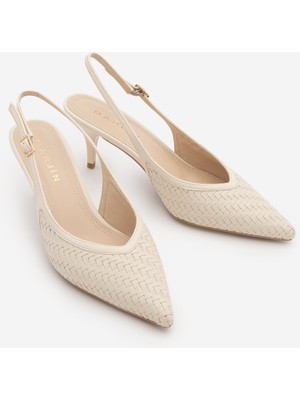 Marjin Kadın Stiletto Arkası Açık Atkılı Örgü Desen Ayarlanabilir Bantlı Kısa Topuklu Klasik Ayakkabı Berfa Ekru