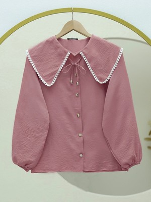 Moda Morfo Bebe Yaka Dantelli Kolu Lastikli Gömlek -Pudra