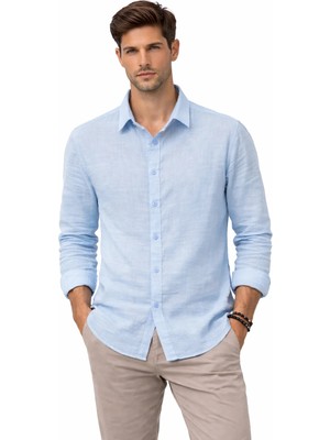 Afri Mavi Erkek Yarım Oversize Keten Gömlek – Rahat Kesim, Yazlık Nefes Alan Kumaş